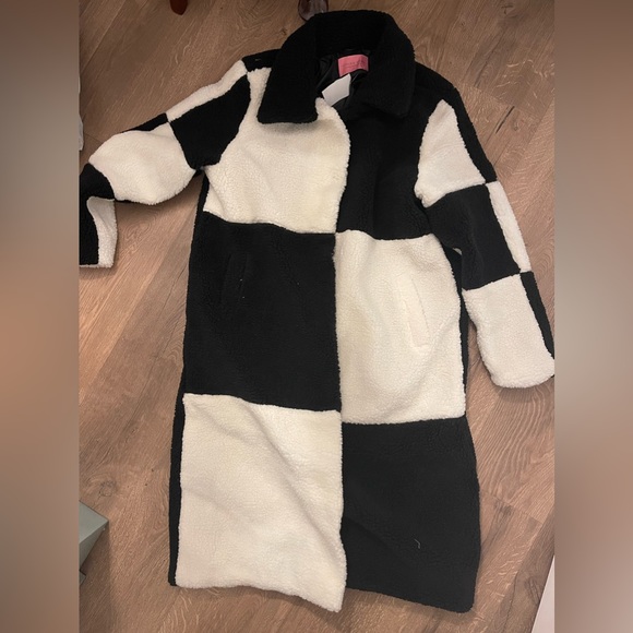 New Azalea Wang check it, black and white long teddy trench coat, size medium - Picture 2 of 11